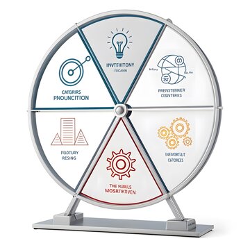Business process wheel diagram showing various corporate strategic icons and development steps with business strategy corporate