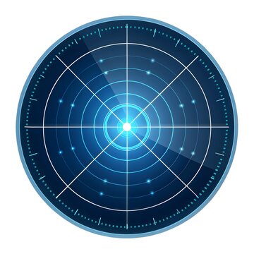 Abstract digital radar screen with glowing blue concentric circles and data scan lines technology interface navigation