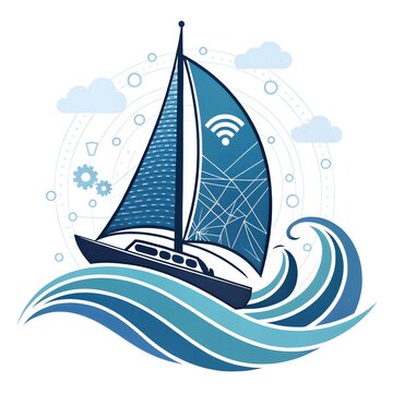 Sailing boat on waves with wireless internet connection wifi symbol on sail sailboat internet connection wireless nautical