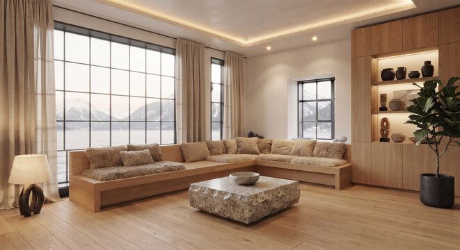 A living room focusing on Swiss craftsmanship. Walls in a matte white finish, floors in light honey-toned oak. A bespoke, built-in bench seat with thick, woven wool cushions in warm sand. 