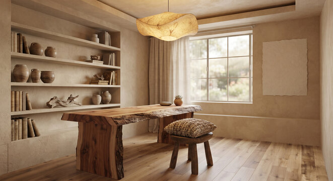 A cozy study with a raw, artisanal feel. Walls finished in a textured, sand-colored plaster. A desk made from a single, thick slab of raw cedar wood. 