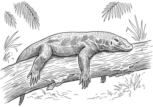 Vintage Komodo Dragon Vector Illustration Hand Drawn Monitor Lizard Reptile Black And White Engraving Line Art Sketch For Tropical Wildlife Nature Graphic Design