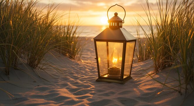 Lantern on Sandy Beach During Sunset with Tall Grass and Warm Glow