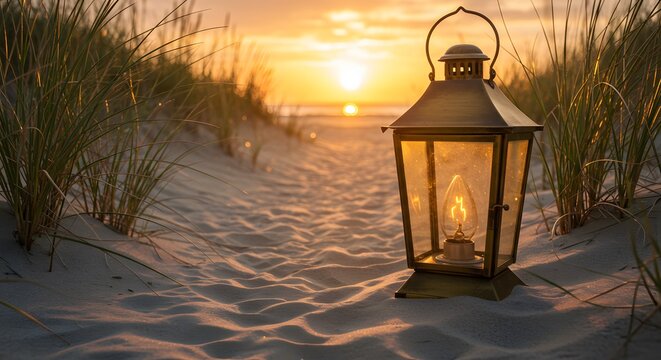 Lantern on Sandy Beach at Sunset with Grass and Warm Lighting