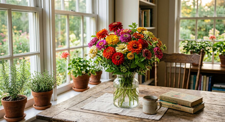 Fototapeta premium A bouquet of zinnia flowers in a vase