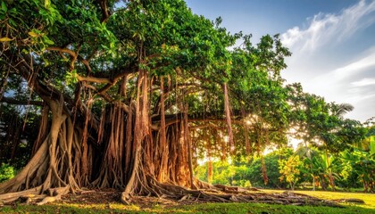 Fototapeta premium Ancient banyan tree with hanging roots in sunny park.