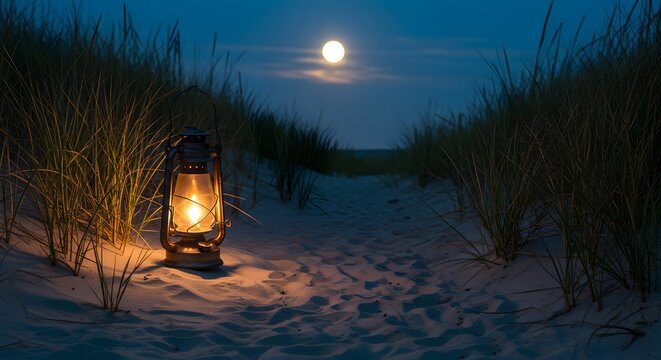 Lantern on Sandy Beach Path Under Full Moon with Grass Tall Dunes Night Landscape
