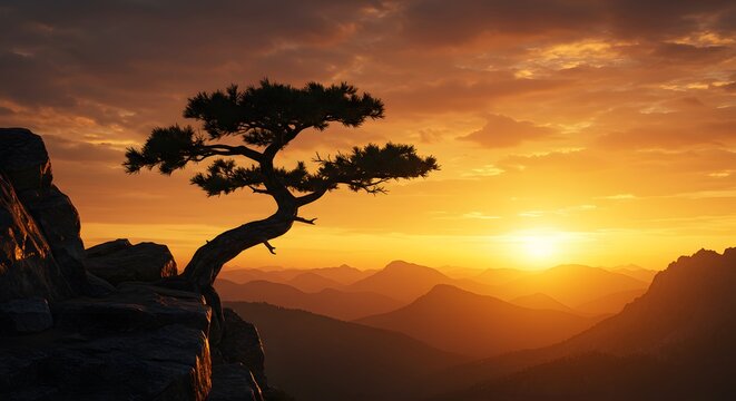 Silhouette Pine Tree on Mountain Cliff Sunset Scene with Vibrant Orange Sky
