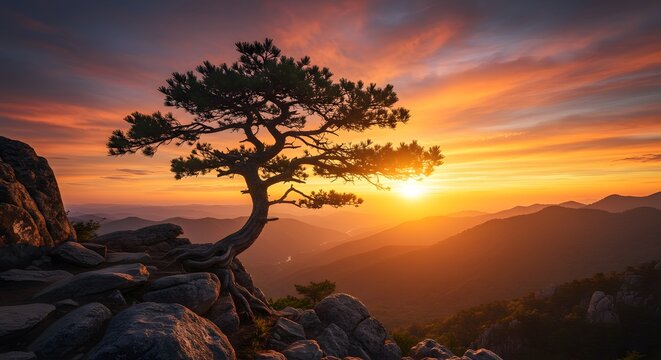 Silhouette Pine Tree on Rocky Mountain Cliff During Vibrant Sunset