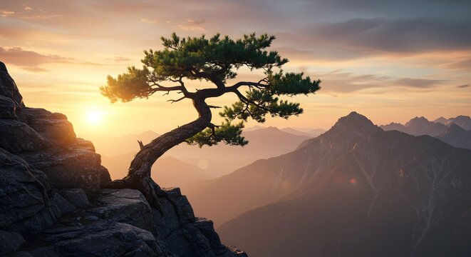 Solitary Pine Tree Growing on Cliff at Sunset in Mountain Landscape