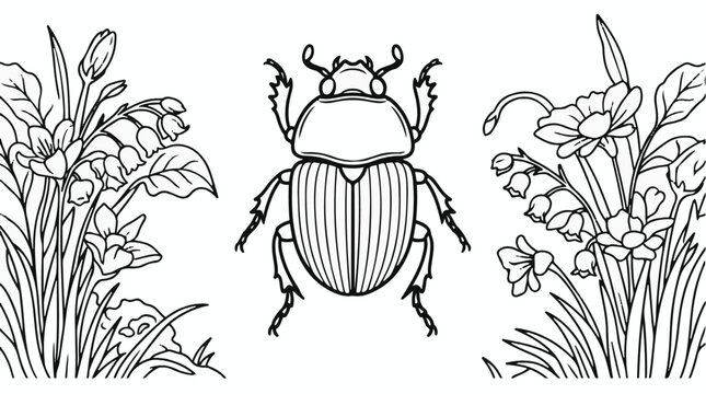 Dung beetle vector outline with meadow flowers for coloring book
