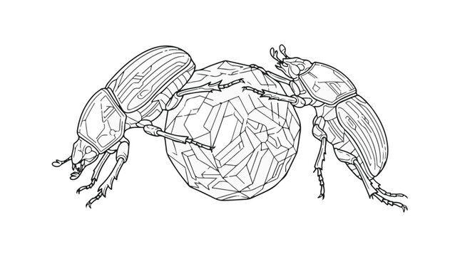 Dung beetle vector rolling a textured ball line art