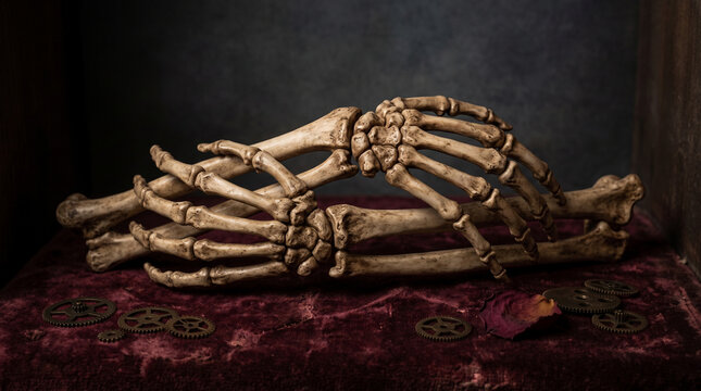 Spooky and macabre skeleton hands interlocked on a velvet surface with gears and dried leaf, perfect for halloween.