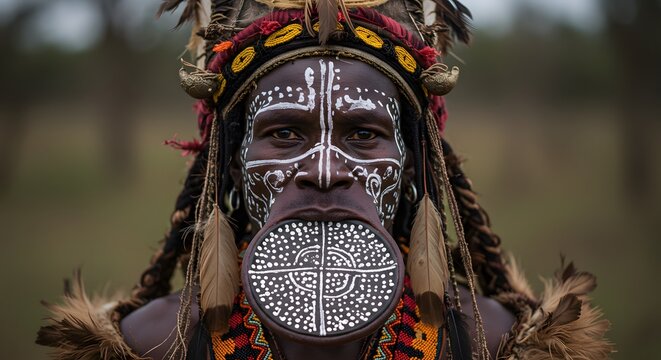 Traditional African Man Wearing Ornate Face Paint and Headdress with Feathers in Cultural Ceremony
