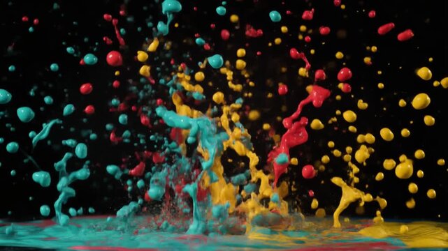Dynamic Collision of Teal Red and Yellow Paint Splashes Mixing in Mid Air, Vibrant Abstract Liquid Motion Graphics