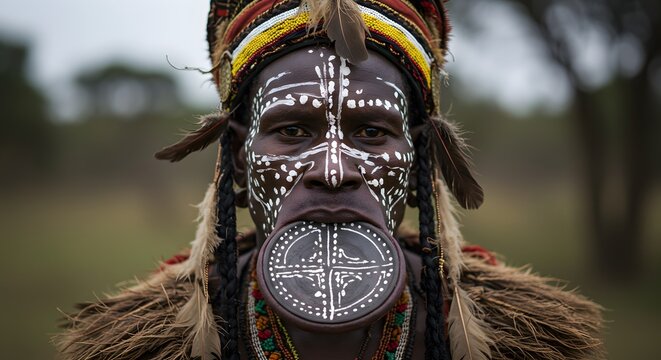 Traditional Indigenous Man with Face Paint and Decorated Lip Plate in Natural Outdoor Setting