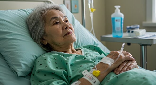 Elderly Woman Hospitalized Lying in Bed Overhead Medical Equipment