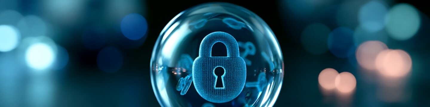 Lock icon glows brightly inside a floating glass sphere to represent the high level of digital security and data protection required for modern financial systems in a professional environment.
