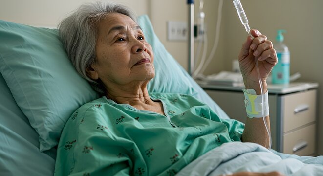 Elderly Woman in Hospital Bed Receiving Intravenous Therapy in Medical Ward