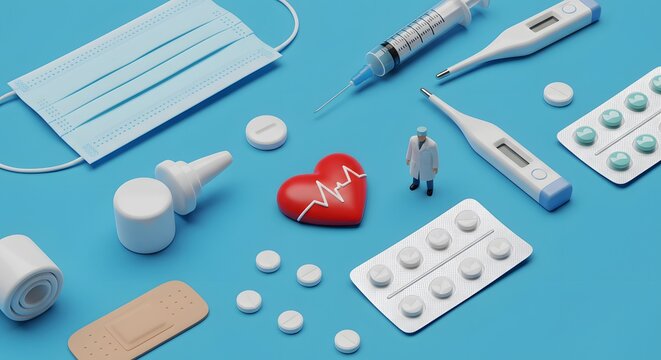 Medical Supplies with Heartbeat Model and Digital Thermometers on Blue Background