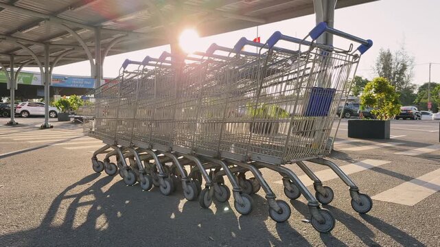 Empty nesting Shopping Carts Row Under Canopy Supermarket Bulk at sunset
