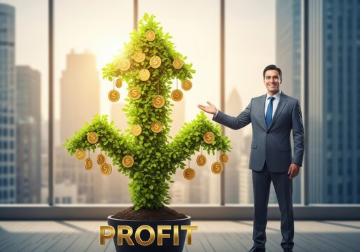 Businessman presents growing profit tree in modern office symbolizing financial success and growth