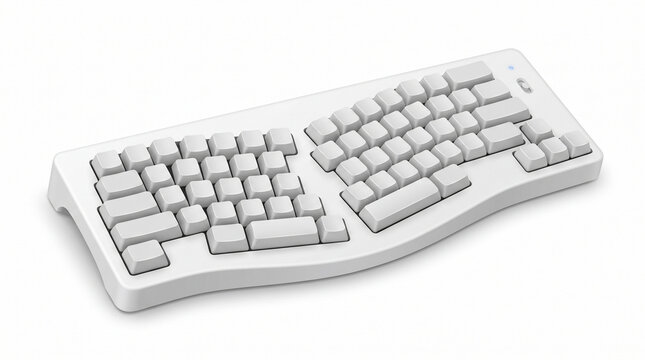 Ergonomic white computer keyboard isolated on white background.