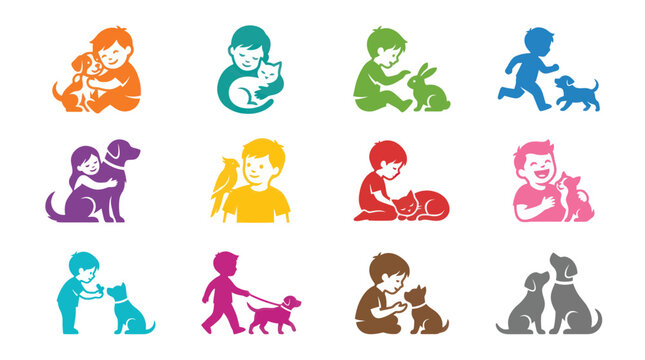 Happy Children and Pet Care Flat Vector Icons: Kids Playing, Hugging, and Walking Dogs, Cats, Rabbits