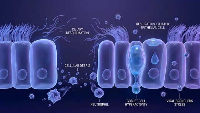 3D Rendering of Viral Bronchitis Pathophysiology Showing Ciliary Desquamation and Goblet Cell Hyperactivity