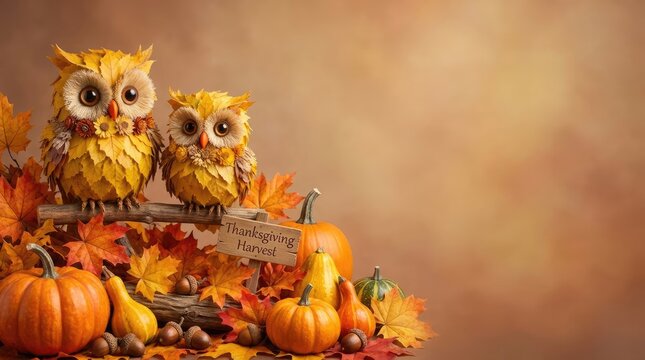 Thanksgiving owl decor festive autumn harvest scene with pumpkins and fall leaves