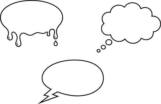 Comic Speech Bubble Line Art Vector Set Featuring Dripping Liquid Melting Cloud Thought and Flash Lightning Chat Communication Balloon Elements
