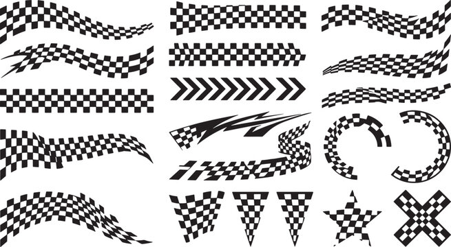 Collection of racing checkered flags and stripes vector graphics for sports and speed themes Vector