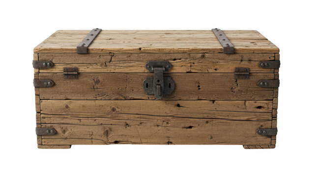 Vintage rustic wooden storage chest with metal latches and hinges