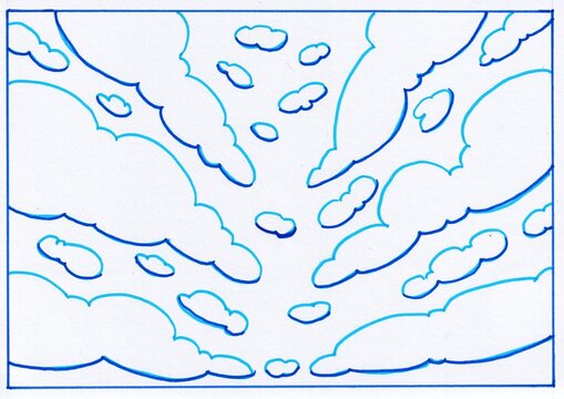 Hand drawn of Radiating clouds in clean line art spread dramatically across the sky. Illustration of Layered cloud streaks in a simple sketch style converge toward the horizon above an open landscape.
