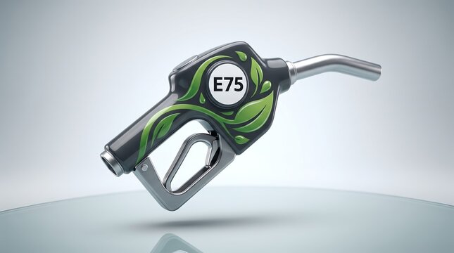 E75 bioethanol blend fuel nozzle floating over a reflective surface. The dark plastic and metal dispenser is decorated with bold green leaf artwork and a clean E75 circular badge on the side.