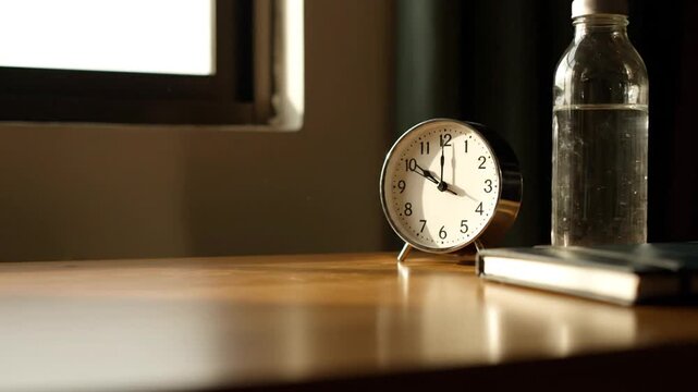 Close-up of a vintage alarm clock and water bottle on a wooden desk, bathed in soft, natural light, creating a serene and focused atmosphere for work or study.