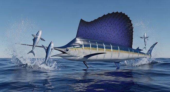 Large Sailfish Jumping Out of Ocean.