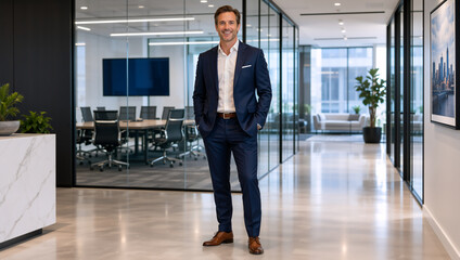 Fototapeta premium Confident businessman in a navy suit standing in a modern office corridor. Smiling male corporate executive portrait
