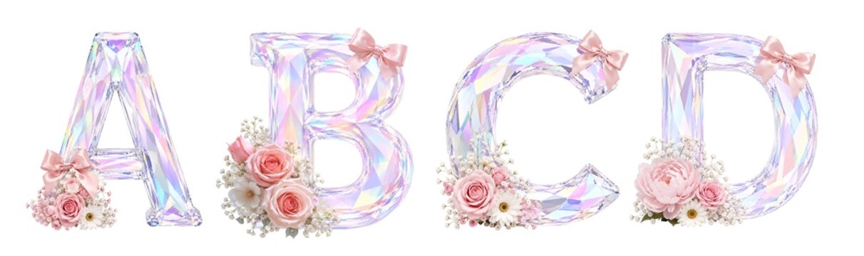 Iridescent Crystal Floral Alphabet Letters A B C D with Pink Roses and Satin Bows