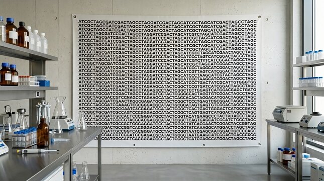 Genomic sequence DNA code on banner in modern science laboratory