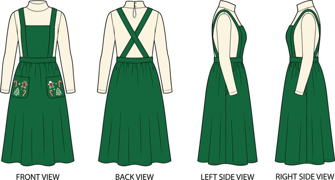 Christmas green pinafore dress and high neck top fashion technical sketch vector template showing multiple views