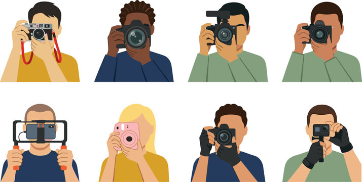 Diverse Photographers and Videographers Avatar Set Featuring Men and Women Holding Vintage Cameras DSLRs Smartphones and Action Gear Vector Graphic Illustrations