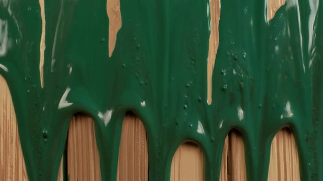 Viscous Emerald Green House Paint Dripping Down Textured Wood Planks, Slow Motion Renovation Background