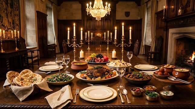 Luxury banquet table set for dinner. Elegant feast in a historic castle dining hall
