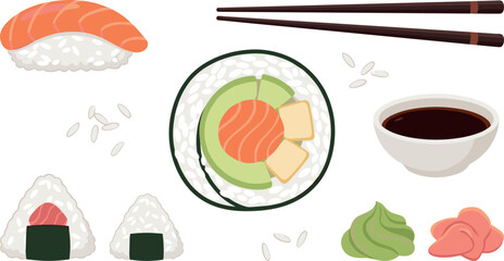 Japanese sushi vector illustration set with salmon nigiri maki roll onigiri soy sauce wasabi ginger and chopsticks isolated on white background © Nasrin