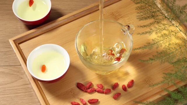 Pouring hot herbal goji berry tea into glass cup on wooden tray