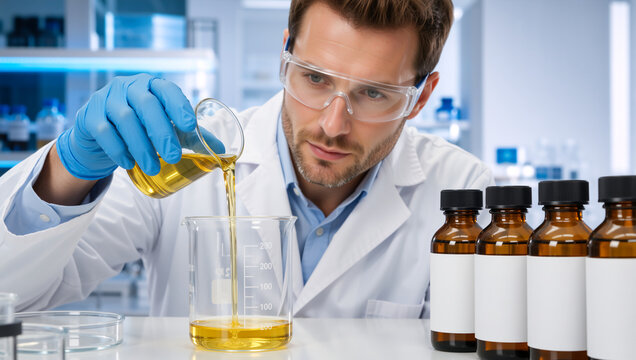 Male scientist pouring yellow liquid into a beaker in a laboratory. Chemist in white coat and safety glasses conducting research. Amber glass bottles with blank labels on table