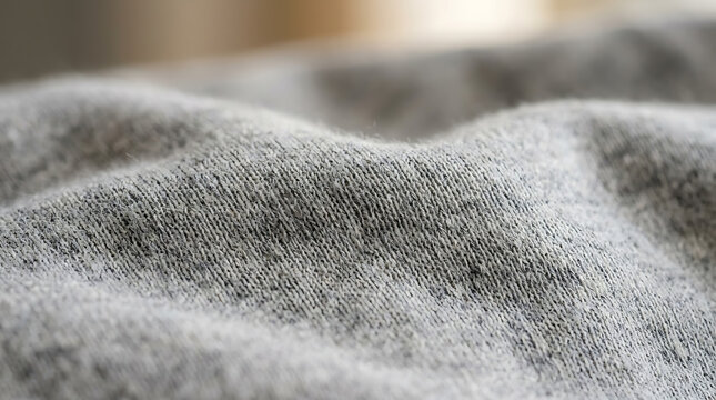 Close up of grey knitted fabric texture with soft folds and shallow depth of field texture