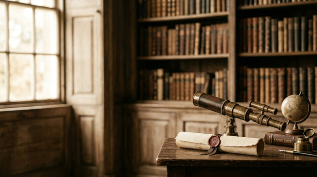 Antique brass telescope, globe, and parchment scroll with wax seal on a wooden desk in a classic library with tall bookshelves and natural light from a window.