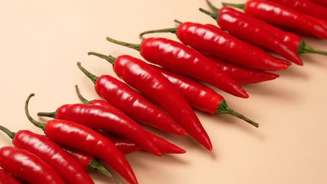 Red chili peppers arranged diagonally on beige. Spicy organic vegetables for culinary background.